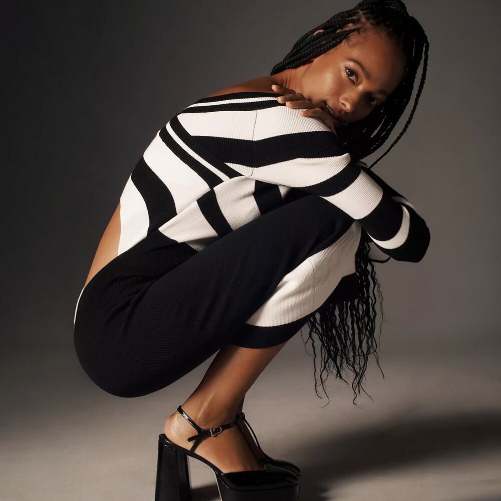 Le Superbe Fall In Knit Midi Dress Reversible Stripe Off Shoulder Size Medium